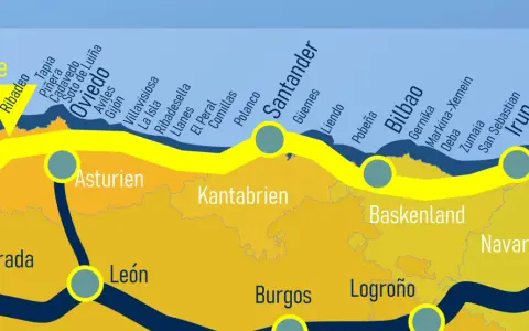 Karte des Jakobswegs in Nordspanien. Der Camino del Norte führt von Ribadeo über Oviedo, Santander und Bilbao nach Irun.