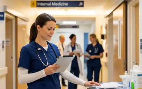 Pielęgniarka z tabletem w szpitalnym korytarzu, gdzie widnieje tabliczka "Internal Medicine". W tle inni pracownicy medyczni.