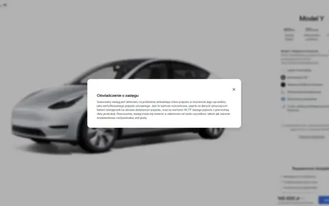 Szary Tesla Model Y z informacją o szacowanym zasięgu baterii. Dowiedz się, ile wytrzymuje bateria w Tesli, zależnie od warunków i stylu jazdy.