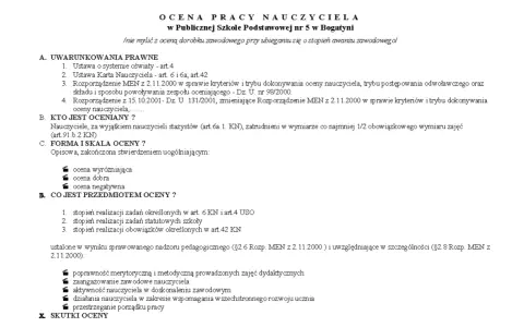 Ocena pracy nauczyciela początkującego: kryteria prawne, kto podlega ocenie, skala (wyróżniająca, dobra, negatywna) i przedmiot oceny.