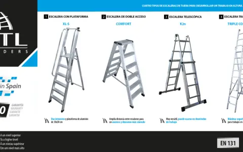 Cuatro modelos de escalera KTL: con plataforma, doble acceso, telescópica y transformable. Un diseño de escalera para cada necesidad.