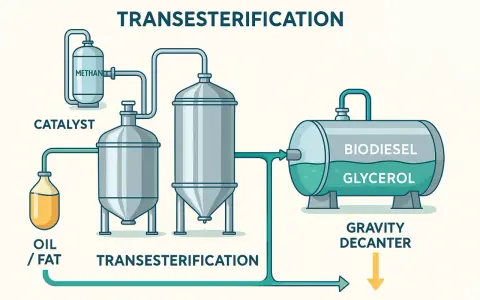 Schéma de la transestérification : huile/graisse, méthanol et catalyseur entrent dans des réacteurs pour produire du **biodiesel** et du glycérol, séparés dans un décanteur.
