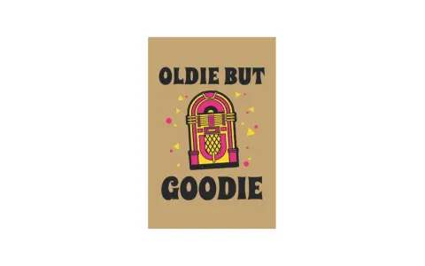 Ein bunter Jukebox-Druck mit der Aufschrift "Oldie but goodie". Perfekt für Musikliebhaber, die den Charme vergangener Zeiten schätzen.