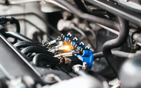 Close-up of a car's engine, focusing on a blue fuel injector rail with glowing orange light. This image might help you understand the fuel injector replacement cost.