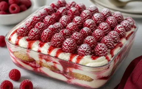 Un délicieux tiramisu framboise, garni de fruits rouges frais et saupoudré de sucre glace. Un dessert fruité et gourmand.
