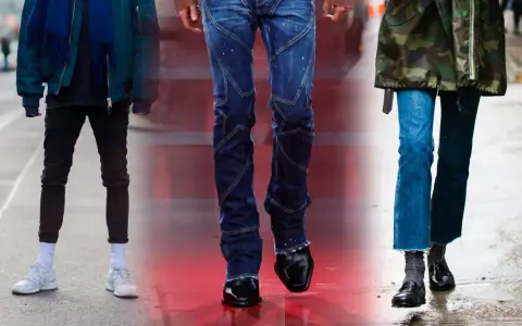 Tre persone mostrano diversi stili di pantaloni: skinny fit neri, jeans a sigaretta con cuciture a vista e jeans a zampa con orlo sfrangiato.