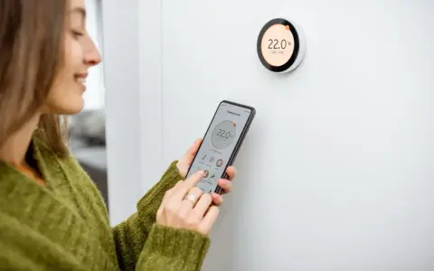 Donna controlla il termostato del riscaldamento tramite smartphone, mostrando come funziona il controllo intelligente della temperatura domestica.