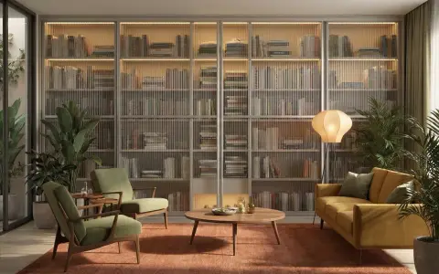 Przytulny salon w stylu modern classic z kanapą, fotelami i regałem pełnym książek.