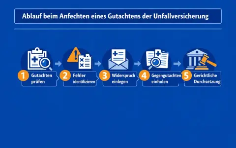 Schritte zur Anfechtung eines Gutachtens der Unfallversicherung: Gutachten prüfen, Fehler identifizieren, Widerspruch einlegen, Gegengutachten einholen, gerichtliche Durchsetzung. Nützliche Tipps für Ihr Gutachten.
