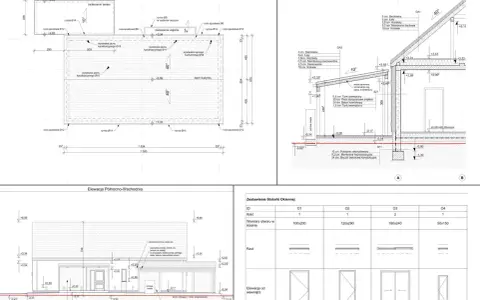 Projekt budowlany zawiera rzuty, przekroje i elewacje, które pokazują z czego składa się projekt budowlany, w tym detale konstrukcyjne i stolarkę okienną.