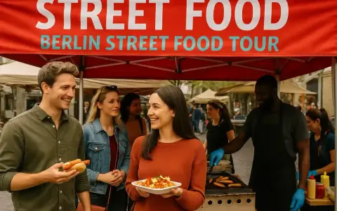 Glückliche Menschen genießen Hotdogs und Pommes auf einem Street Food Festival in Berlin.