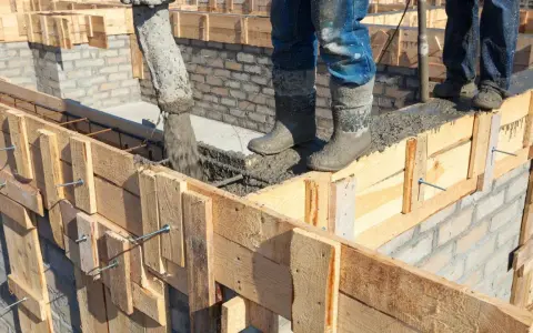 Vertiendo hormigón en el encofrado de construcción. Obreros con botas embarradas supervisan el proceso.