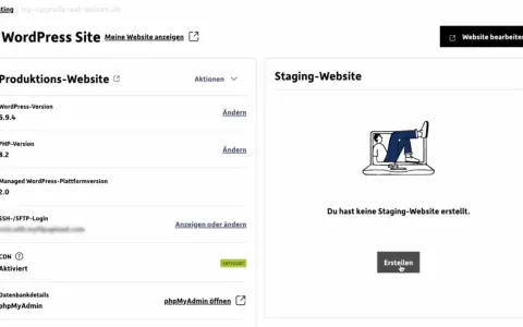 Verwaltungsoberfläche für webseiten erstellen mit wordpress. Zeigt Produktions- und Staging-Website-Einstellungen.