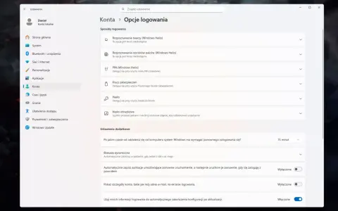 Ustawienia konta Windows 10: opcje logowania, w tym jak wyłączyć hasło. Widok ekranu z ustawieniami konta.