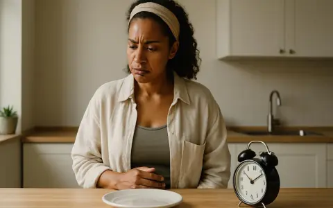 Donna con espressione sofferente tiene la mano sullo stomaco, un piatto vuoto davanti. L'orologio segna l'ora, suggerendo un problema di mangiare in continuazione, forse una malattia.