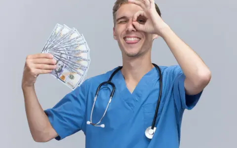 Giovane oss con stetoscopio e banconote in mano, fa un gesto con l'occhio, mostrando soddisfazione per il suo oss lavoro.