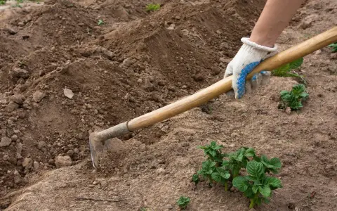 Mano enguantada usa una azada para trabajar la tierra, mostrando varios tipos de azadas para cultivar.