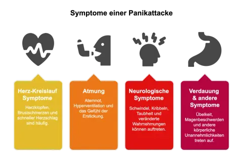 Symptome einer Panikattacke: Herz-Kreislauf, Atmung, neurologische und Verdauungssymptome. Panikattacken Symptome den ganzen Tag können belastend sein.