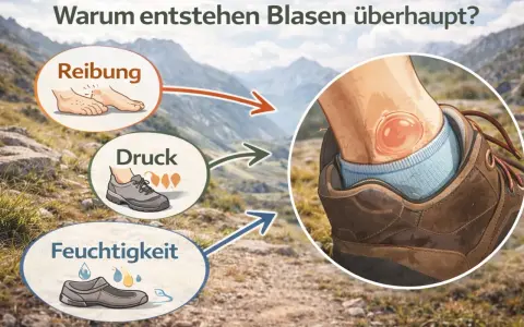 Ursachen für Blasen: Reibung, Druck und Feuchtigkeit. Geschlossene Blasen behandeln erfordert Vorsicht.