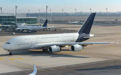 Samolot Airbus A380 na lotnisku, w tle inne samoloty i terminal. Cisza na płycie lotniska, jakby zapowiadała strajk linii lotniczych.