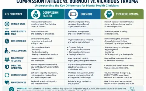 Chart comparing compassion fatigue, burnout, and vicarious trauma for mental health clinicians, highlighting causes, symptoms, and recovery strategies, emphasizing compassion and understanding.