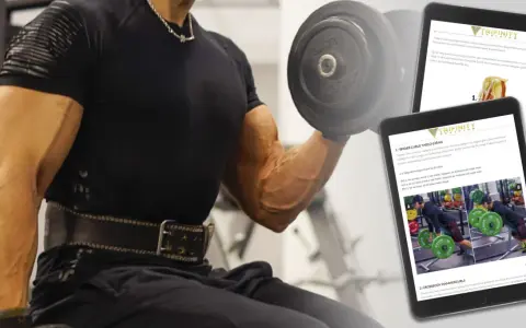 En man utför bicepscurl med stång. En surfplatta visar övningar för armar, inklusive "Spider Curls".