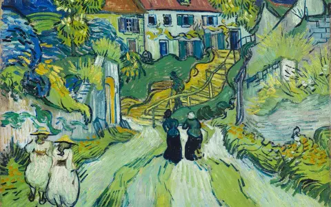 Les œuvres d'art de Vincent van Gogh prennent vie dans ce paysage verdoyant. Deux femmes marchent sur un chemin, tandis que d'autres figures se promènent dans le jardin.