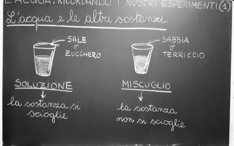 Appunti di scuola media per un powerpoint sull'acqua: esperimenti su soluzioni e miscugli con sale, zucchero, sabbia e terriccio.