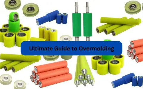 A collage of colorful rollers and wheels, showcasing the process of overmolding.
