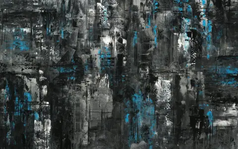 Tableau abstrait noir et bleu avec des textures et des coups de pinceau visibles.