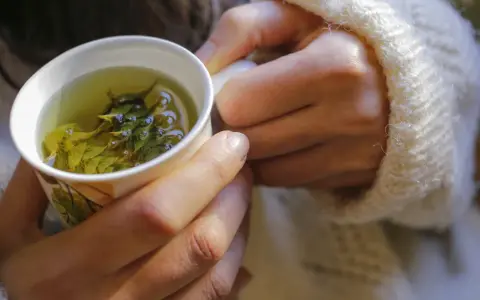 Ciepła plukanka z szałwii w kubku, trzymana w dłoniach otulonych swetrem.