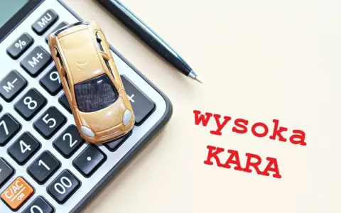 Złoty samochodzik na kalkulatorze, obok długopis. Napis "wysoka KARA" sugeruje, że pcc-3 po terminie może oznaczać wysokie koszty.
