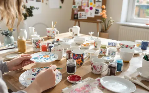 En person målar blommor på en mugg. Bordet är fullt av muggar, tallrikar och färger, redo för kreativt måla på muggar.