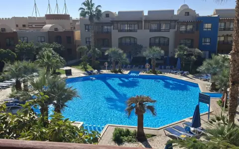 Basen w Radisson Individuals Marina Port Ghalib. Opinie gości chwalą ten tropikalny raj z palmami i krystalicznie czystą wodą.