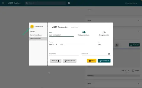 MQTT Explorer interface showing a new connection dialog. The user is creating a "new connection" with protocol "mqtt://", host, username, and password fields.