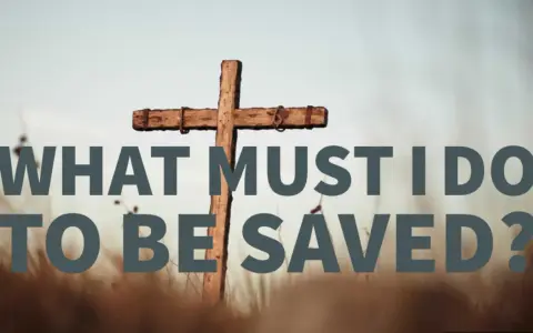 A wooden cross stands in a field of dry grass. Text reads: "WHAT MUST I DO TO BE SAVED?" This image explores the question of how to get to heaven.