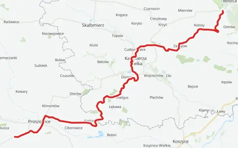 Trasa rowerowa velo raba od Proszowic przez Kazimierzę Wielką do Wiślicy, z zaznaczonymi miejscowościami.
