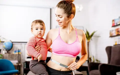Mama z dzieckiem mierzy talię centymetrem. To jej sposób na to, jak schudnąć po ciąży i wrócić do formy.