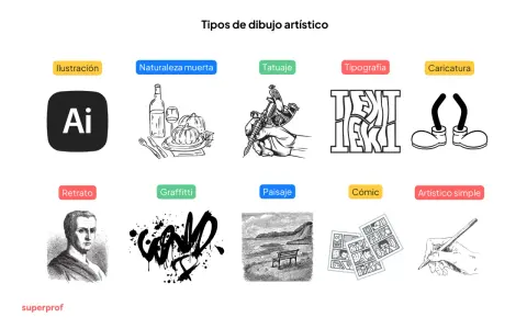 Explora diversos tipos de dibujo artístico: ilustración, naturaleza muerta, tatuaje, tipografía, caricatura, retrato, graffitti, paisaje, cómic y arte simple.