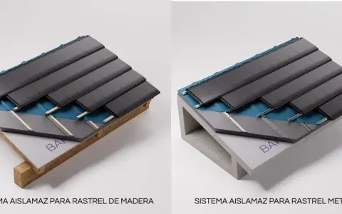Detalle de cubiertas prefabricadas con sistema aislante sobre rastrel de madera y metálico.