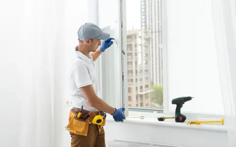 Un technicien installe une fenêtre à double vitrage. Outils et perceuse sur le rebord de la fenêtre.