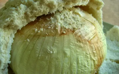 Una cipolla Giarratana intera, cotta in padella, avvolta in pane soffice.