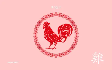 Czerwony kogut, symbol chińskiego zodiaku, w ozdobnym okręgu. Rok 1981 był rokiem koguta.