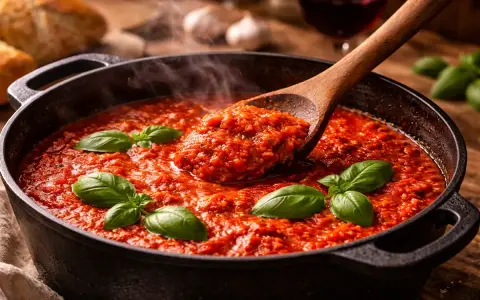 Sauce tomate maison mijotant dans une cocotte, garnie de basilic frais. Des tomates pelées, savoureuses et parfumées.