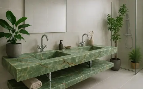 Luksusowy blat do łazienki z kamienia w odcieniu zieleni z żyłkami. Dwie umywalki, chromowane baterie, lustro i rośliny tworzą elegancką przestrzeń.