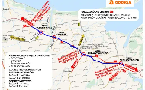 Mapa drogowa z zaznaczonymi węzłami drogowymi i odcinkami S7. Widoczna droga krajowa 7 oraz węzły Cedry Małe, Dworek, Żuławy Wschód i Elbląg Zachód.