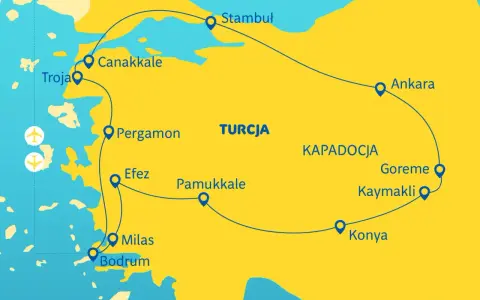 Mapa Turcji z zaznaczonymi miastami i trasą podróży: Stambuł, Ankara, Kapadocja, Pamukkale, Efez, Pergamon, Troja, Canakkale, Milas, Bodrum.