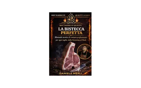 Copertina libro "La Bisteccha Perfetta" con una succulenta bistecca di manzo in primo piano e un cuoco sullo sfondo.