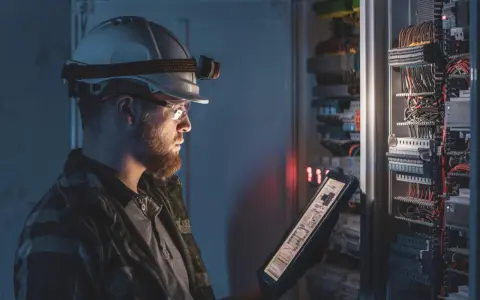 Elektryk w kasku z latarką sprawdza na tablecie schemat instalacji elektrycznej, wykonując pomiary natężenia oświetlenia awaryjnego.