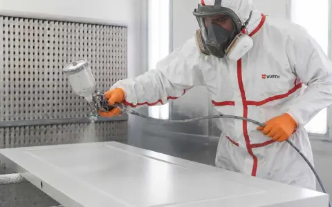 Profesional aplicando pintura blanca a una puerta con pistola pulverizadora. Aprende como lacar puertas en blanco para un acabado perfecto.